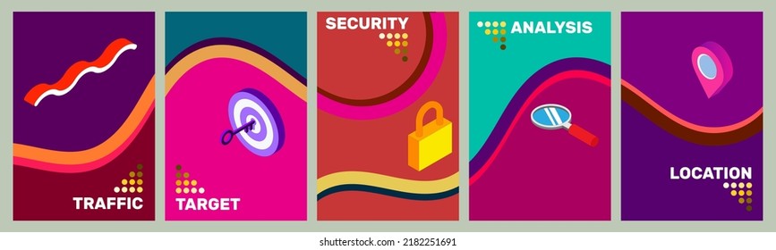 Set Of Vector Illustration Colorful Website Features Of Traffic, Target, Security,  Analysis, Location. 