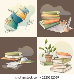 Conjunto de ilustraciones vectoriales de la composición con libros en estilo de dibujos animados. Montones de libros de texto para estudiar. Tiempo de lectura y aprendizaje.