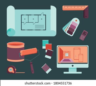 Set vector illustration concept  of items for  work interior designer.drawing, tape measure, paint can, roller, electronic tape measure, ruler, square, computer with 3D program, palette of colors.