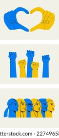 Set of vector illustration concepts in blue and white colors for supporting Ukraine. Abstract heads of people in profile. Raised fists. Hands holding fingers in shape of heart. 