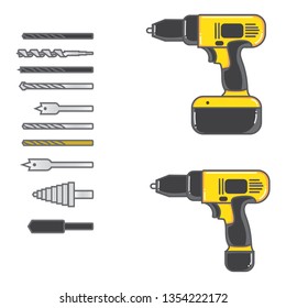 set of vector illustration cordless drill with complete bits flat design