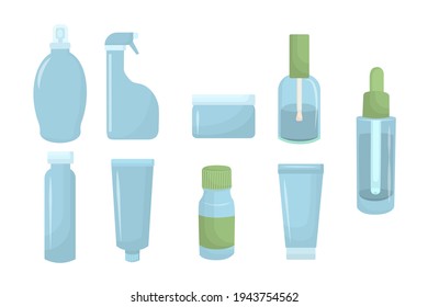 Set of vector illustration of cosmetic bottles in blue-green colors, isolated on white