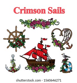 Set of vector illustration. Crimson sails romantic illustrations  isolated on white