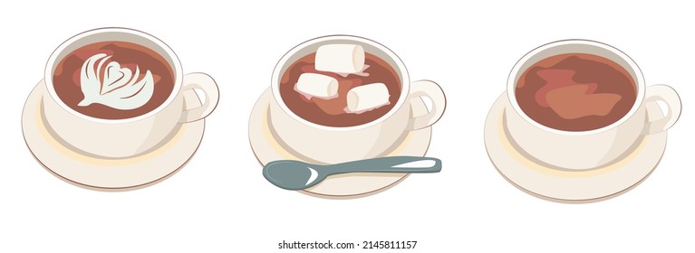 Set of Vector illustration of cups of coffee, latte, cappuccino, hot chocolate with marshmallow on a white isolated background, with a donut pattern. Suitable for a poster in a cafe, confectionery