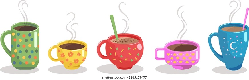 Set vector illustration cups of coffee. 5 multi colored cartoon glasses for hot drinks. Green, yellow, red, pink and blue mugs with steam and shadow isolated on white background.