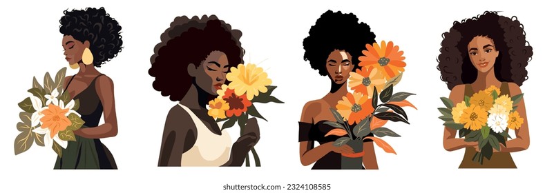 Set of vector illustration curly african american women. Girls with flowers in their hands. Postcard poster banner women's day. Feminism. Vector flat illustration isolated on white background. Avatar 