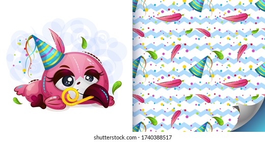 Set of vector illustration of cute bird flamingo and seamless pattern with festive caps and feathers. background for birthday cards, children s textiles, wrapping paper.