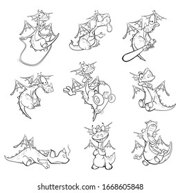 Set Vector Illustration of a Cute Cartoon Character Dragon for you Design and Computer Game Coloring Book Outline