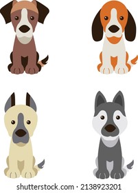 Set of Vector illustration of cute cartoon different breeds Cartoon dogs Puppies collection smiling muzzle, loyal dogs and friendly dog in trendy flat style. Isolated on white.