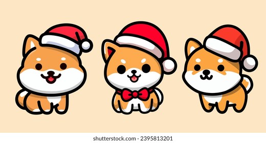 Set Vector illustration of cute cartoon character shiba inu dog wearing a santa hat, christmas 