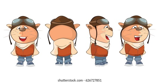 Set of Vector Illustration of a Cute Cat Aircraft Pilot for a Computer Game. Cartoon Character