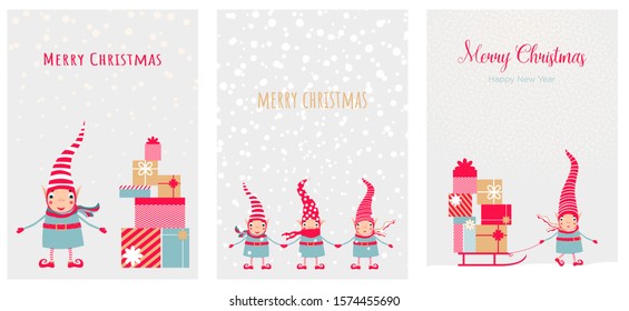 Set vector illustration with cute christmas elves in a striped red hats and Christmas gifts ans sled. Template for merry christmas and new year cards, greetings, banners or posters.