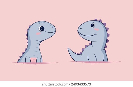 Set of vector illustration of cute dinosaurs on flat light color background