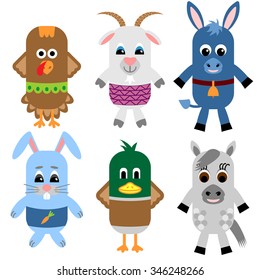 Set vector illustration of cute farm animals, including turkey, goat, donkey, rabbit, duck and horse