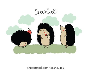 Set of vector illustration with a cute hedgehog in cartoon style. Beautiful greeting cards. svg