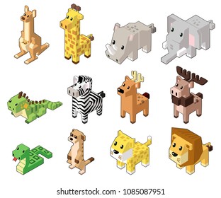 Set vector illustration of cute isometric animals in minimal style. Isolated on background. (Part 2)