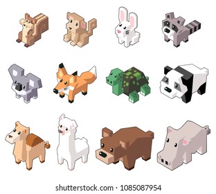 Set vector illustration of cute isometric animals in minimal style. Isolated on background. (Part 3)