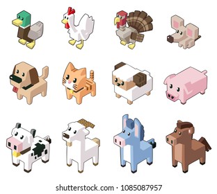 Set vector illustration of cute isometric animals in minimal style. Isolated on background. (Part 1)