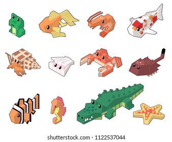Set vector illustration of cute isometric aquatic animals in minimal style. Isolated on background. Part 6