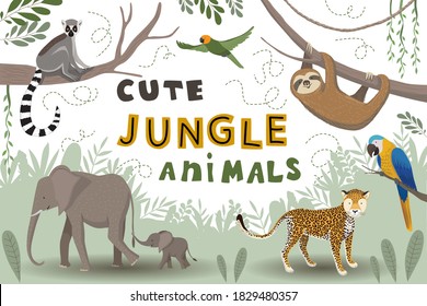 
Set vector illustration cute jungle animals. Elephant with baby, sloth, parrot, leopard and lemur. Jungle plants. EPS 10