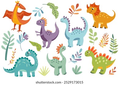 Set of vector illustration of a cute  little dinosaurs in a flat style. Friendly and playful design is ideal for children's books, t-shirt, nursery decor, greeting cards, party invitations