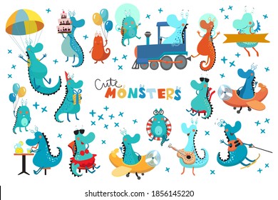Set of vector illustration of cute monsters. Monsters with guitar, balloons, cake, gift box.