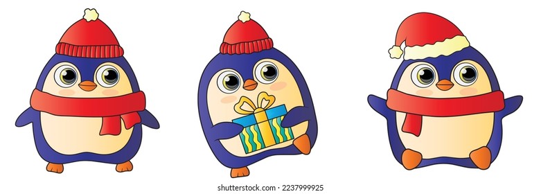 Set of vector illustration with cute penguins for the new year.