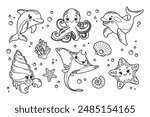 Set of vector illustration of cute sea animals. Dolphin, octopus, killer whale, hermit crab, stingray, starfish, shells