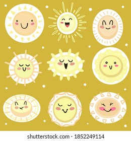 Set of vector illustration  with cute sun in cartoon style. Hand drawn . Icon, symbol, logo. Summer illustration, sunlight. Children illustration.