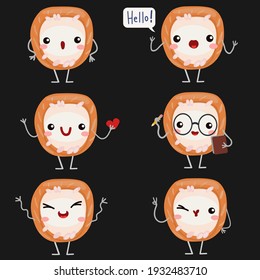 set of vector illustration with cute sushi various character emotions.  japanese food.  icon. cartoon flat style. stickers