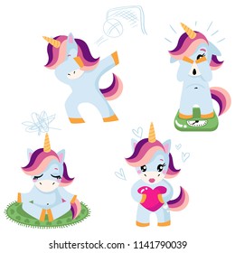 Set of Vector illustration of cute unicorns. Unicorn characters who are doing dubbing, unicorn on scales, unicorn meditates, unicorn in love isolated on white background 