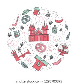 Set of vector illustration of Czech republic. Travel illustration with Czech landmarks.
