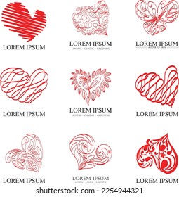 Set of vector illustration decorative hearts icon red color on white background: valentine, love, heart, valentine. butterfly icon, leaf, beautiful and elegant