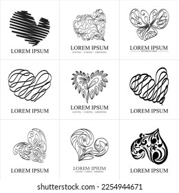 Conjunto de ilustraciones vectoriales corazones decorativos icono color negro sobre fondo blanco: valentina, amor, corazón, valentina. icono de mariposa, hoja, hermosa y elegante