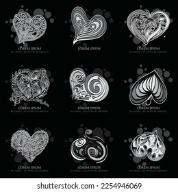 Set of vector illustration decorative hearts icon white color on black background: valentine, love, heart, valentine. butterfly icon, leaf, beautiful and elegant