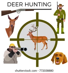 Set of vector illustration for deer hunting - hunters, rifle, deer and dog. Vector isolated on the white background