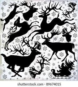 Set of vector illustration with deers silhouettes on an abstract background.