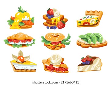 Set of vector illustration of delicious food. Pack of icons, stickers, social media, menu. Blue, orange, brown, beige, yellow, red, green colors. Hand drawn cartoon flat vector illustration
