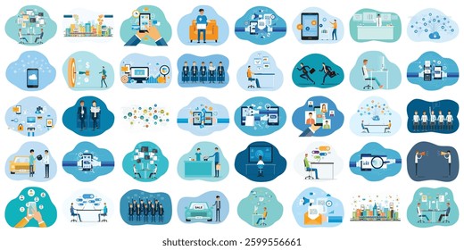 set vector illustration design concept. business cartoon character activity. social network, and online video meetings. smart city. development team working. real estate investment. digital marketing.