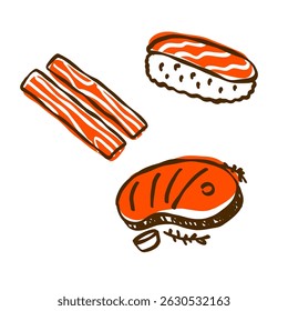 set of vector illustration design icons of food images of meat