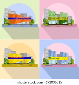 Set of vector illustration design shop store, supermarket, green supermarket, vegetable, modern building design