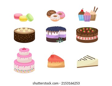 set vector illustration of desserts and cakes, sweet pastries elements on white isolated background. collection for the holiday, party, sweetness. donuts, macaroons and cheesecakes