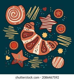 Set of vector illustration of different biscuits and croissants. Hand drawn illustration