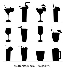 Set of vector illustration of different drinks and cocktails. Black silhouette .