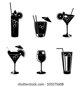 Set of vector illustration of different drinks and cocktails. Black silhouette .