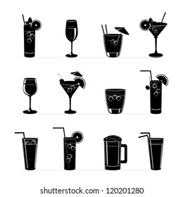 Conjunto de ilustraciones vectoriales de diferentes bebidas y cócteles. Silueta negra.