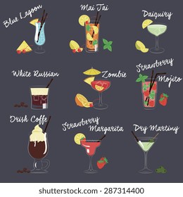 Set of vector illustration of different drinks and cocktails