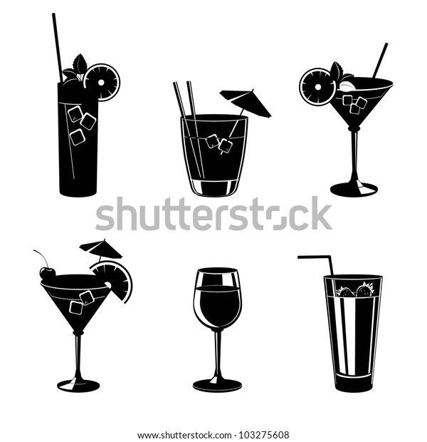 さまざまな飲み物とカクテルのベクターイラストのセット 黒いシルエット のベクター画像素材 ロイヤリティフリー