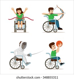 Set of vector illustration with disabled athletes. Concept for paralympics games and sport activities - archery, triathlon, fencing, basketball. Handicapped sportsmen. Flat design.  
