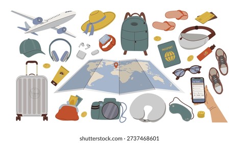 set Vector illustration displaying various travel essentials including an airplane, luggage, passport, sunglasses, and travel gadgets. Perfect for planning a holiday or adventure.